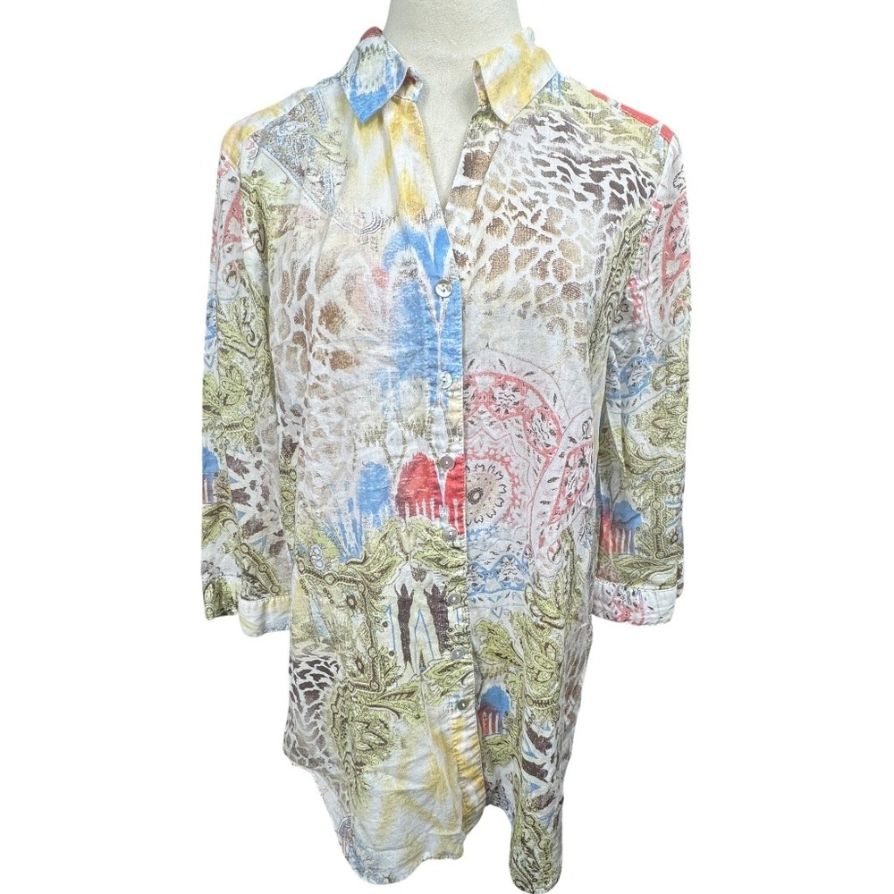 Chico's Button Down Blouse Womens XL Multicolor Boho Paisley Lightweight Cotton